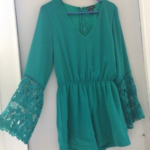 Teal V-Neck Long-Sleeved Romper
